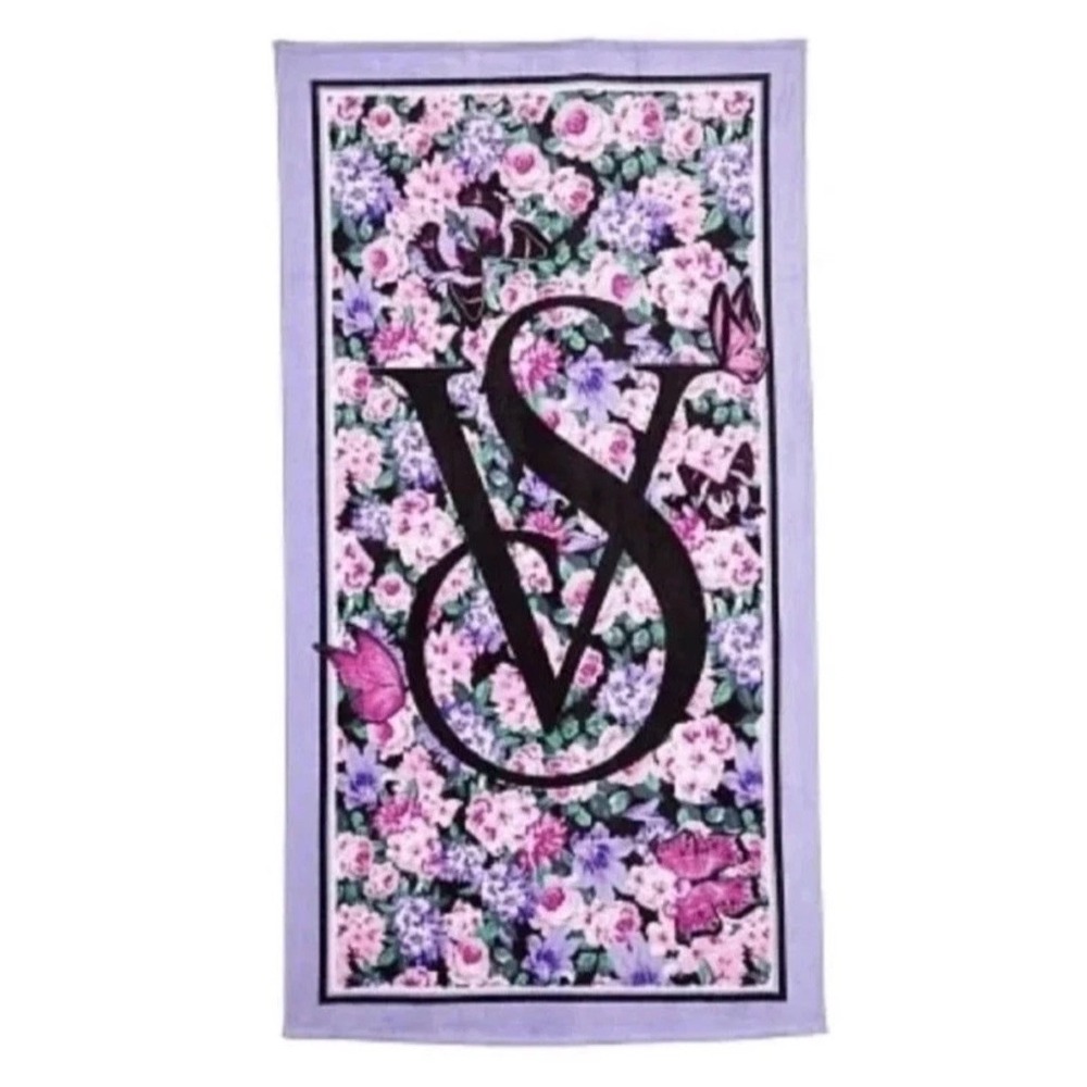 Victoria's Secret VS Beach Towel Floral Logo Purple Black Pink Green 2022